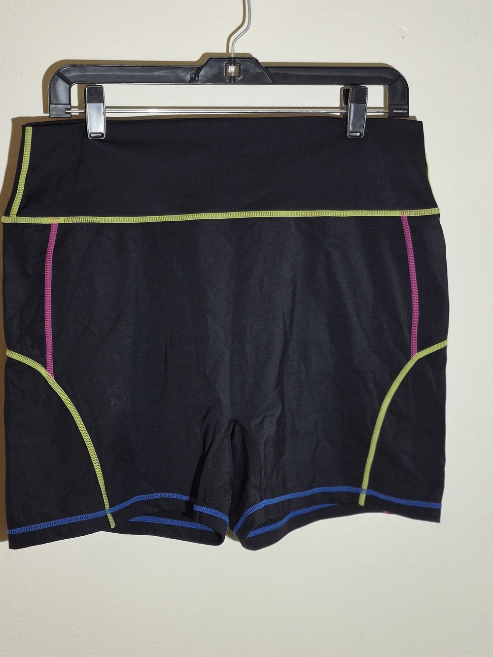 3x)BuffBunny Black Bike Shorts with Green, Pink & Blue Stitching